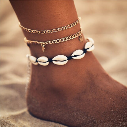 sengpan Boho Ocean Beach Sea Shell Cowrie Ankle Bracelet Multi Layer Beads Adjustable String Macrame Mussel Seashell Anklets for Women