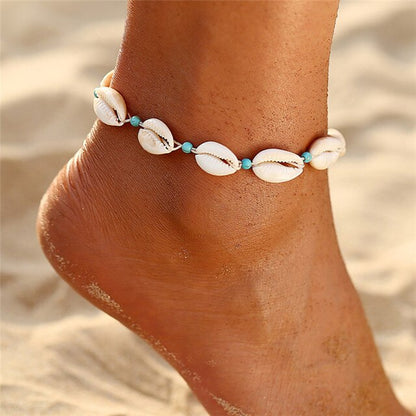 sengpan Boho Ocean Beach Sea Shell Cowrie Ankle Bracelet Multi Layer Beads Adjustable String Macrame Mussel Seashell Anklets for Women