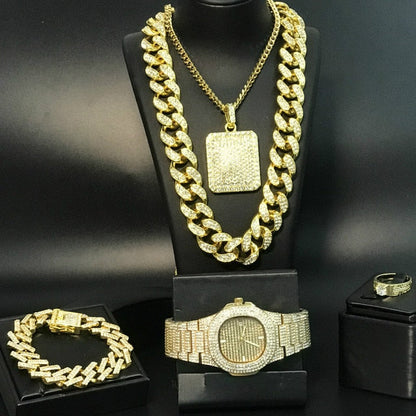 sengpan bridal jewelry set for wedding Luxury Gold Silver Color Men Watch & Necklace & Pendant & Bracelet & Ring Combo Set Ice Out Cuban Necklace Chain Hip Hop For Men