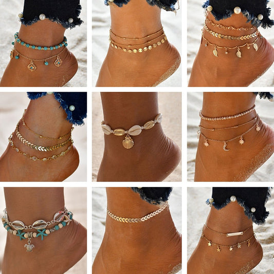 sengpan Christmas gifts ideas Gold Metal Shell Coconut Tree Female Anklets Barefoot Sandals Foot Summer Double Layers Anklets On Foot Ankle Bracelets