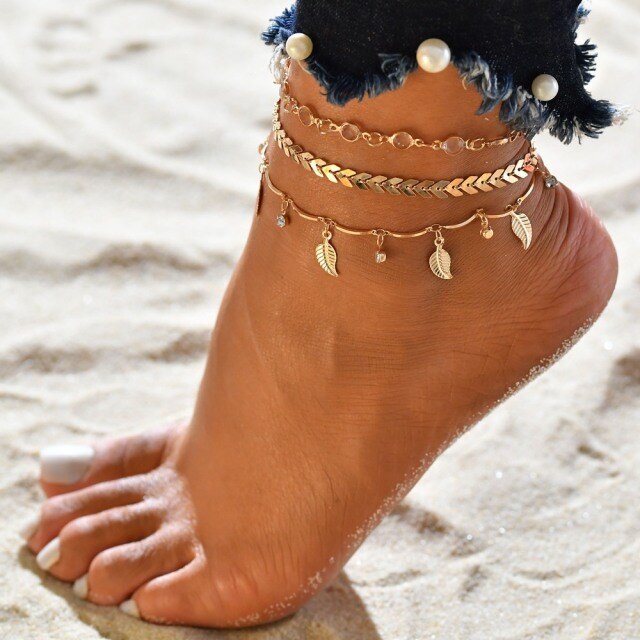 sengpan Christmas gifts ideas Gold Metal Shell Coconut Tree Female Anklets Barefoot Sandals Foot Summer Double Layers Anklets On Foot Ankle Bracelets