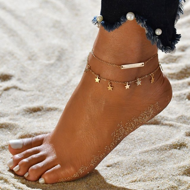 sengpan Christmas gifts ideas Gold Metal Shell Coconut Tree Female Anklets Barefoot Sandals Foot Summer Double Layers Anklets On Foot Ankle Bracelets