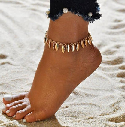 sengpan Christmas gifts ideas Gold Metal Shell Coconut Tree Female Anklets Barefoot Sandals Foot Summer Double Layers Anklets On Foot Ankle Bracelets