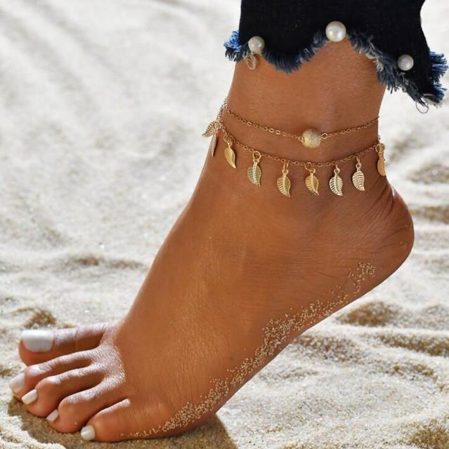 sengpan Christmas gifts ideas Gold Metal Shell Coconut Tree Female Anklets Barefoot Sandals Foot Summer Double Layers Anklets On Foot Ankle Bracelets