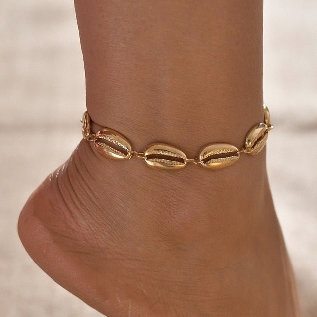 sengpan Christmas gifts ideas Gold Metal Shell Coconut Tree Female Anklets Barefoot Sandals Foot Summer Double Layers Anklets On Foot Ankle Bracelets