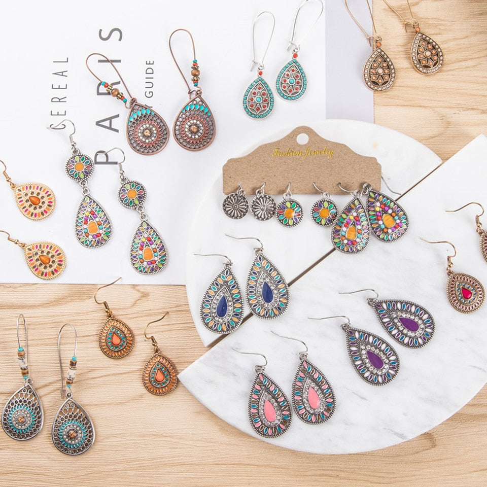 sengpan Christmas gifts ideas Bohemian Water Drop Earrings For Women Ethnic Vintage Long Resin Handmade Hanging Earring Female Indian Jewelry Bridal Gifts