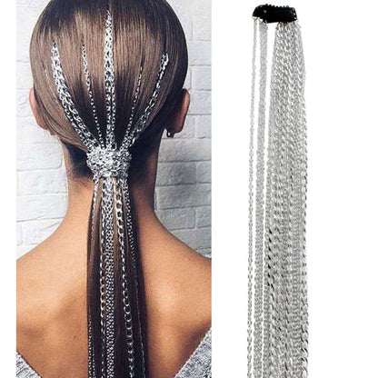 sengpan womens Christmas costume ideas Silver color Hair Extensions Clip Multi strand Long Tassel Chain Bridal Wedding Hair Accessories Headwear