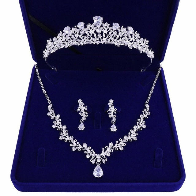 sengpan Luxury Noble Crystal Leaf Bridal Jewelry Sets Rhinestone Crown Tiaras Necklace Earrings Set for Bride African Beads Jewelry Sets