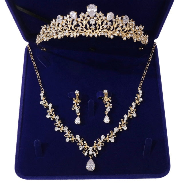 sengpan Luxury Noble Crystal Leaf Bridal Jewelry Sets Rhinestone Crown Tiaras Necklace Earrings Set for Bride African Beads Jewelry Sets