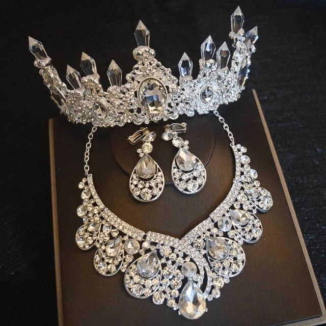 sengpan Luxury Big Rhinestone Bridal Jewelry Sets Silver Plated Crystal Crown Tiaras Necklace Earrings Set For Bride Hair Accessories