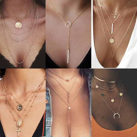 sengpan Vintage Multilayer Crystal Pendant Necklace Women Gold Color Beads Moon Star Horn Crescent Choker Necklaces Jewelry New