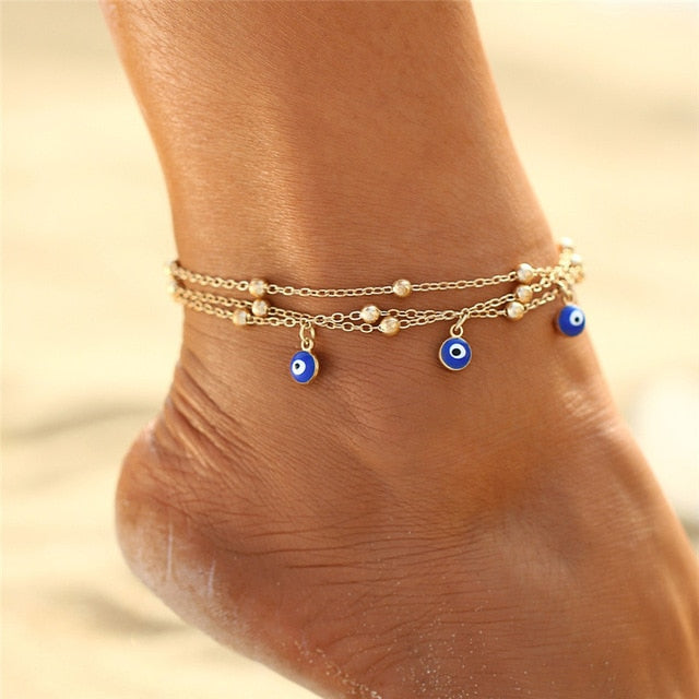 sengpan Bohemian Colorful Turkish Eyes Anklets for Women Gold Color Beads Summer Ocean Beach Ankle Bracelet Foot Leg Jewelry