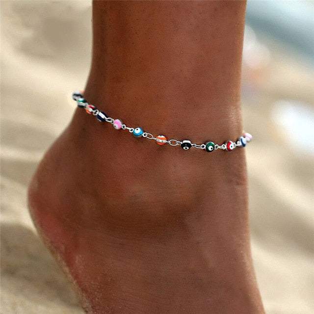 sengpan Bohemian Colorful Turkish Eyes Anklets for Women Gold Color Beads Summer Ocean Beach Ankle Bracelet Foot Leg Jewelry