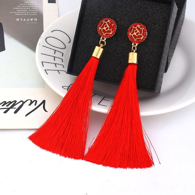 sengpan Women Bohemian Crystal Long Tassel Dangle Earrings For Girl Red White Silk Fabric Drop Rose flower lotus Earring Fashion Jewelry