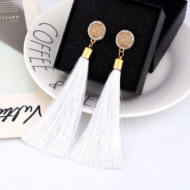 sengpan Women Bohemian Crystal Long Tassel Dangle Earrings For Girl Red White Silk Fabric Drop Rose flower lotus Earring Fashion Jewelry