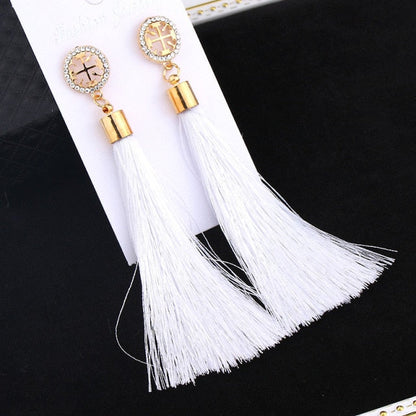 sengpan Women Bohemian Crystal Long Tassel Dangle Earrings For Girl Red White Silk Fabric Drop Rose flower lotus Earring Fashion Jewelry