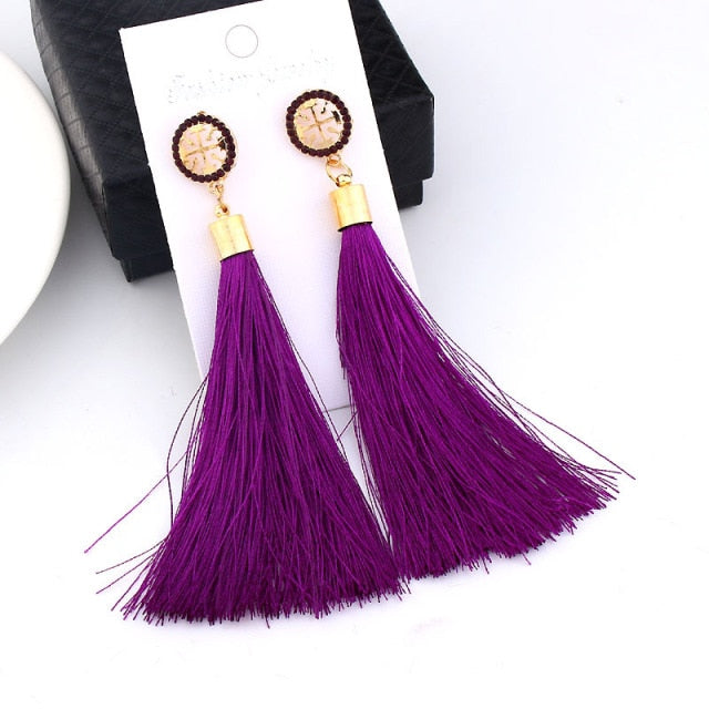 sengpan Women Bohemian Crystal Long Tassel Dangle Earrings For Girl Red White Silk Fabric Drop Rose flower lotus Earring Fashion Jewelry