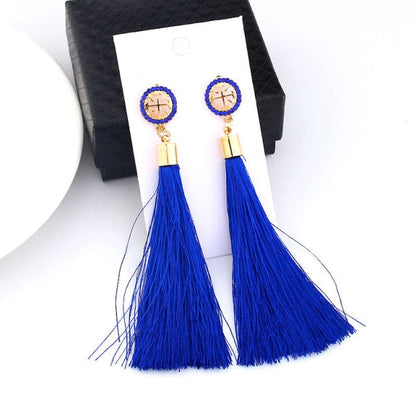 sengpan Women Bohemian Crystal Long Tassel Dangle Earrings For Girl Red White Silk Fabric Drop Rose flower lotus Earring Fashion Jewelry