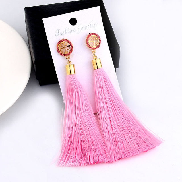 sengpan Women Bohemian Crystal Long Tassel Dangle Earrings For Girl Red White Silk Fabric Drop Rose flower lotus Earring Fashion Jewelry