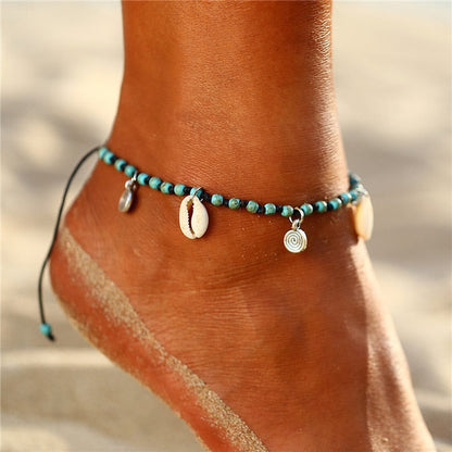 sengpan Boho Ocean Beach Sea Shell Cowrie Ankle Bracelet Multi Layer Beads Adjustable String Macrame Mussel Seashell Anklets for Women