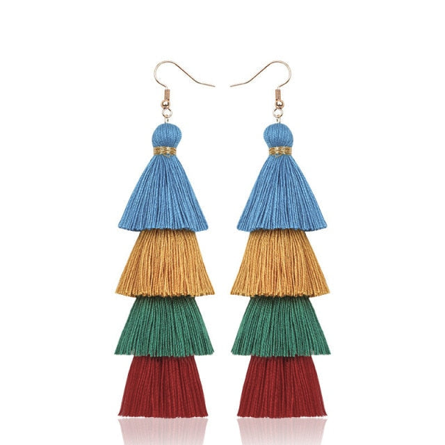 sengpan Women Bohemian Crystal Long Tassel Dangle Earrings For Girl Red White Silk Fabric Drop Rose flower lotus Earring Fashion Jewelry