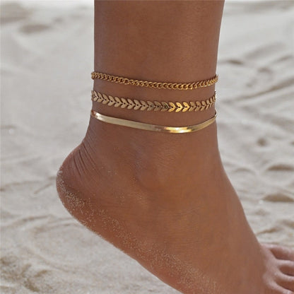 sengpan 3pcs/set Gold Color Simple Chain Anklets For Women Beach Foot Jewelry Leg Chain Ankle Bracelets Women Accessories