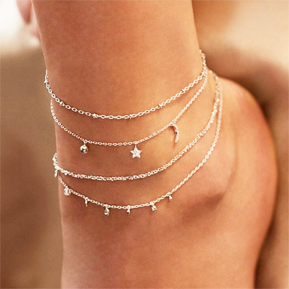 sengpan Christmas gifts ideas Vintage Multilayer Crystal Anklet Bohemia Star Moon Pendant Ankle Leg Sandal Anklet Jewelry Party Gift