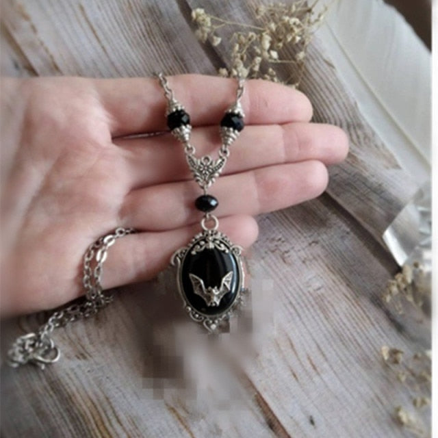 sengpan Christmas gifts ideas Gothic Vampire Bat Sweater Necklace Silver plated Framed Bat Cameo Necklace Halloween Witch Crystal Necklace Gift for Bat Lover