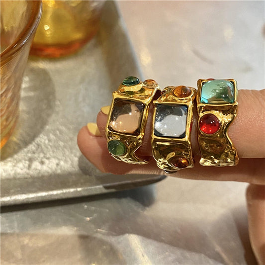 sengpan Colorful Vintage Baroque Premium Gold-Plated Crystal Rhinestone Rings French Irregular Geometric Metal Gold Rings for Women