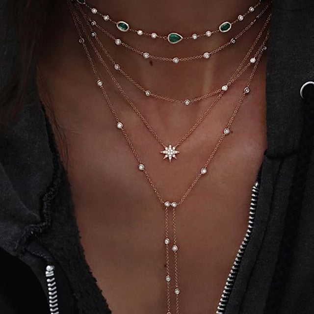 sengpan jewelry gifts for women hot sale  New Vintage Crystal Geometry Star Moon Lock Necklace For Women Boho Multi-level Pendants Necklaces Chokers Jewelry Gift