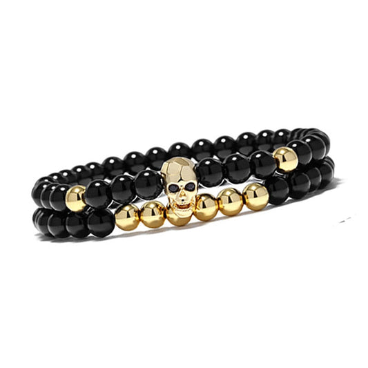 sengpan Christmas gifts ideas 6mm shinny onyx Stone beads bracelet skull men bracelets for women jewellery pulsera hombre armband accessories bileklik