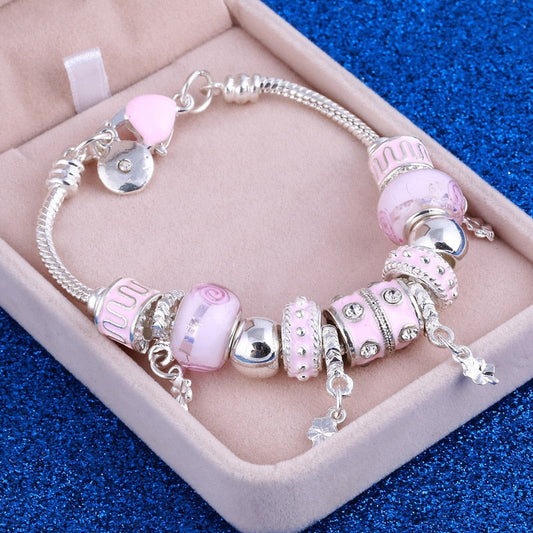 sengpan bridal jewelry set for wedding   Pink Crystal Charm Silver Color Bracelets & Bangles for Women Murano Beads Silver Plated Bracelet Femme Jewelry