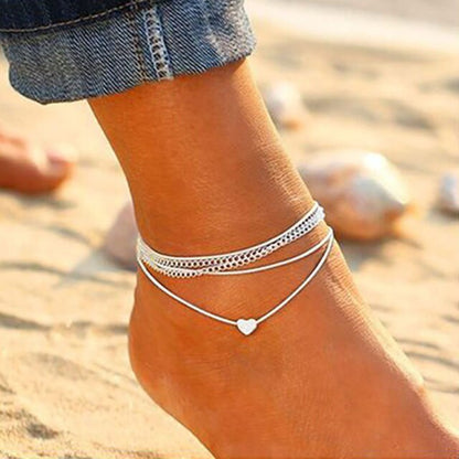 sengpan Bohemian Silver Color Anklet Bracelet On The Leg Fashion Heart Female Anklets Barefoot For Women Leg Chain Beach Foot Jewelry