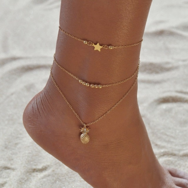 sengpan Bohemian Silver Color Anklet Bracelet On The Leg Fashion Heart Female Anklets Barefoot For Women Leg Chain Beach Foot Jewelry