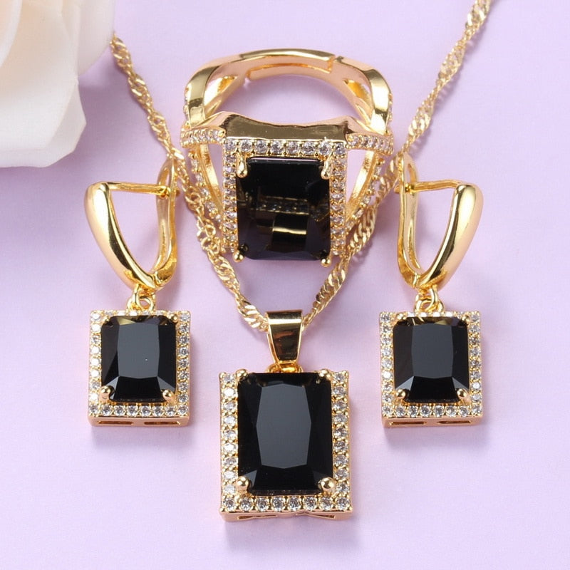 sengpan Christmas gifts ideas African Yellow-Gold Color  Jewelry Sets For Women Black Cubic Zirocnia Ring With Earrings Sets