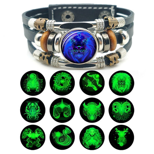 sengpan All New Zodiac Sign Luminous Braided  Gemini Cancer Leo Virgo Libra Scorpio 12 Constellation Punk Leather Bracelet for Men Women