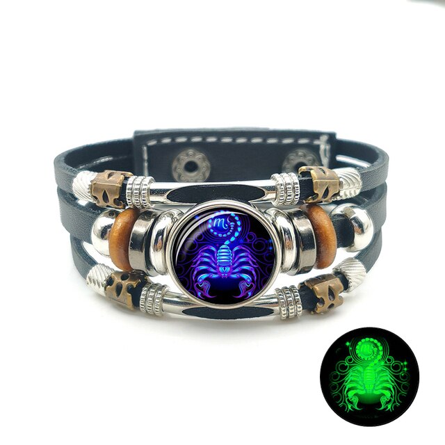 sengpan All New Zodiac Sign Luminous Braided  Gemini Cancer Leo Virgo Libra Scorpio 12 Constellation Punk Leather Bracelet for Men Women