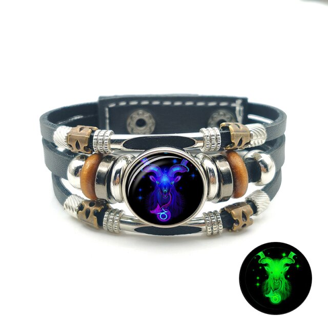 sengpan All New Zodiac Sign Luminous Braided  Gemini Cancer Leo Virgo Libra Scorpio 12 Constellation Punk Leather Bracelet for Men Women