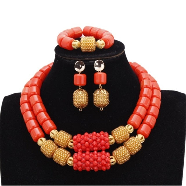 sengpan bridal jewelry set for wedding  Store African Jewelry Set New Designs 3 Layers Artificial Coral Beads Jewellery Set  With Gold Beaded Balls 3 Pieces