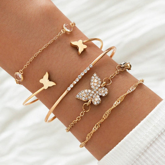 sengpan Bohemian Rhinestone Butterfly Bracelets Elegant Cuff Bangle For Women Gold Color Chain Bracelet Sets Vintage Boho Jewelry