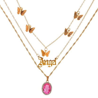 sengpan  gifts for her  New Multi Layer Butterfly Dragon Charms Crystal Necklaces For Women Punk Golden Angel Letter Clavicle Chain Hiphop Gifts Jewelry