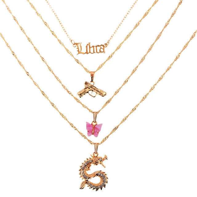 sengpan  gifts for her  New Multi Layer Butterfly Dragon Charms Crystal Necklaces For Women Punk Golden Angel Letter Clavicle Chain Hiphop Gifts Jewelry