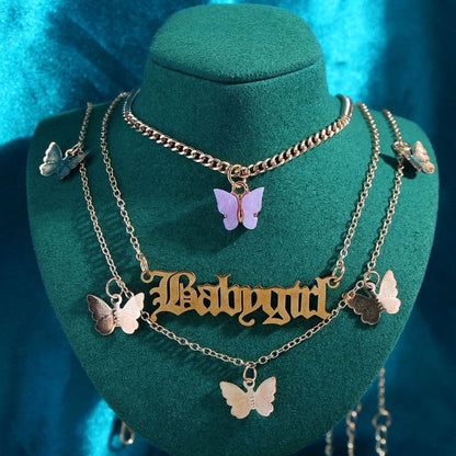 sengpan  gifts for her  New Multi Layer Butterfly Dragon Charms Crystal Necklaces For Women Punk Golden Angel Letter Clavicle Chain Hiphop Gifts Jewelry