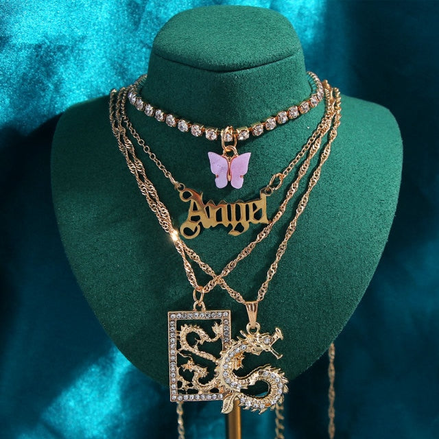 sengpan  gifts for her  New Multi Layer Butterfly Dragon Charms Crystal Necklaces For Women Punk Golden Angel Letter Clavicle Chain Hiphop Gifts Jewelry