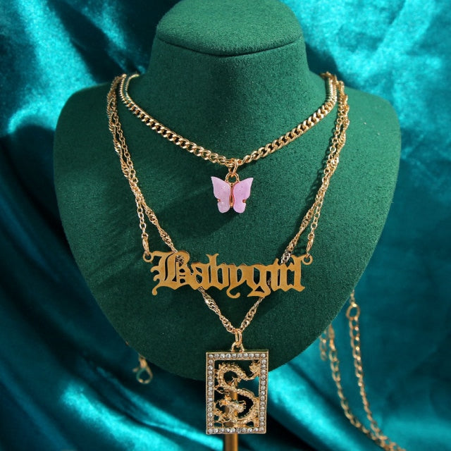 sengpan  gifts for her  New Multi Layer Butterfly Dragon Charms Crystal Necklaces For Women Punk Golden Angel Letter Clavicle Chain Hiphop Gifts Jewelry