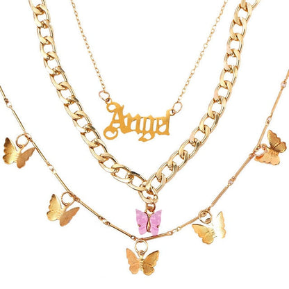 sengpan  gifts for her  New Multi Layer Butterfly Dragon Charms Crystal Necklaces For Women Punk Golden Angel Letter Clavicle Chain Hiphop Gifts Jewelry