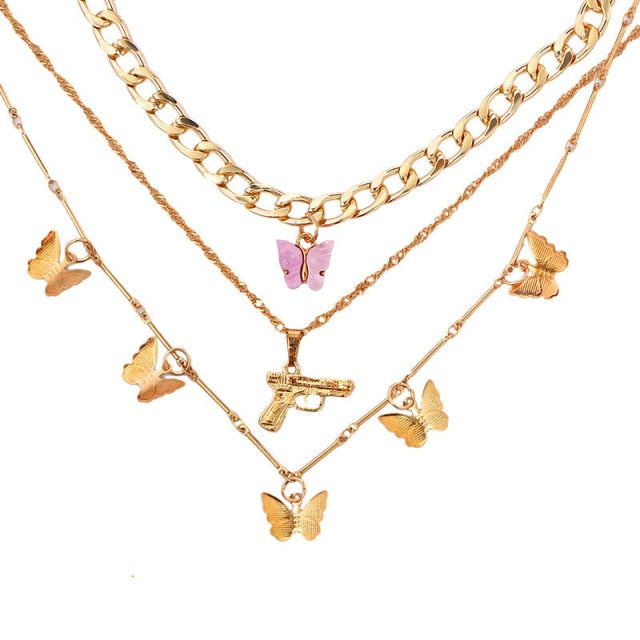 sengpan  gifts for her  New Multi Layer Butterfly Dragon Charms Crystal Necklaces For Women Punk Golden Angel Letter Clavicle Chain Hiphop Gifts Jewelry