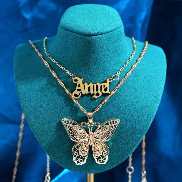 sengpan  gifts for her  New Multi Layer Butterfly Dragon Charms Crystal Necklaces For Women Punk Golden Angel Letter Clavicle Chain Hiphop Gifts Jewelry