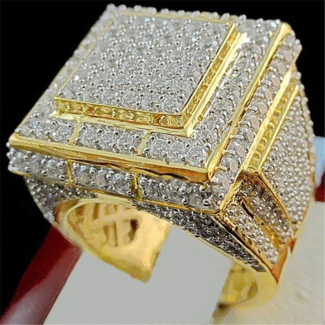 sengpan Christmas gifts ideas Luxury Male Female Rings Gold Bling Bling Hip Hop Punk Zircon Ring Cuban Link Chain Exaggerated Street Artist Ring For Women Men