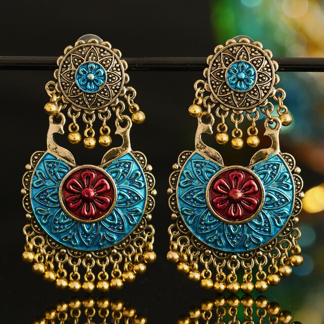 sengpan Indian Jhumka Elephant Earrings Gypsy Afghan Jewelry Retro Ethnic Antique Beads Drop Tassel Earrings for Women Bohemian Gift